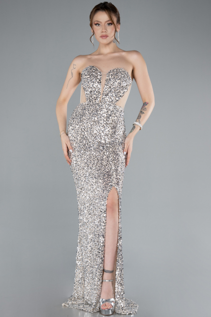 Beige Strapless Slit Long Scaly Mermaid Prom Dress ABU4790