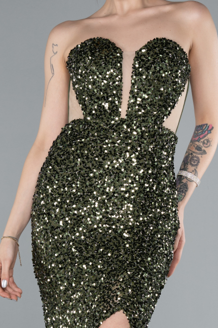 Olive Drab Strapless Slit Long Scaly Mermaid Prom Dress ABU4790