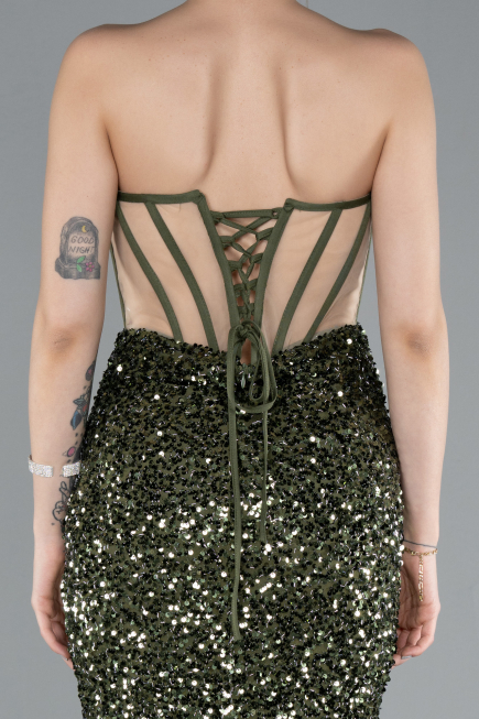 Olive Drab Strapless Slit Long Scaly Mermaid Prom Dress ABU4790
