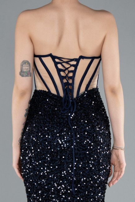 Navy Blue Strapless Slit Long Scaly Mermaid Prom Dress ABU4790