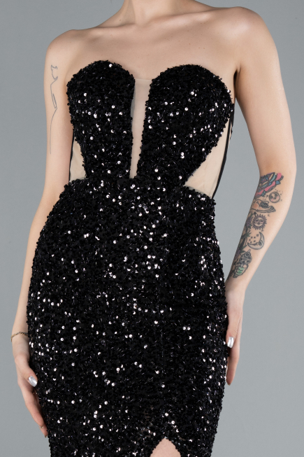 Black Strapless Slit Long Scaly Mermaid Prom Dress ABU4790