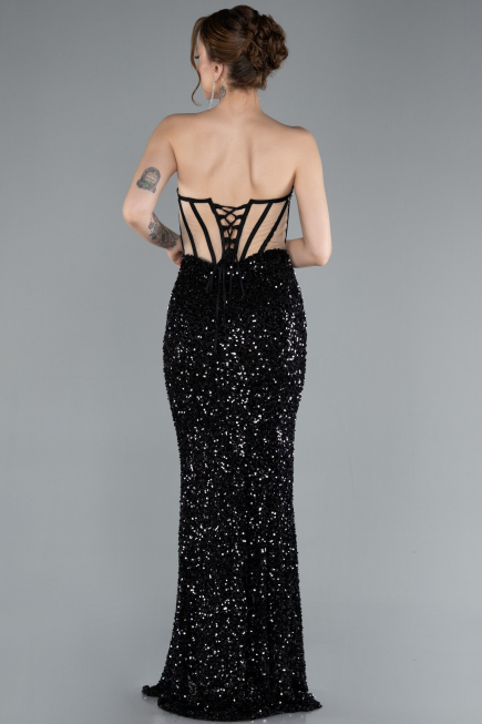 Black Strapless Slit Long Scaly Mermaid Prom Dress ABU4790