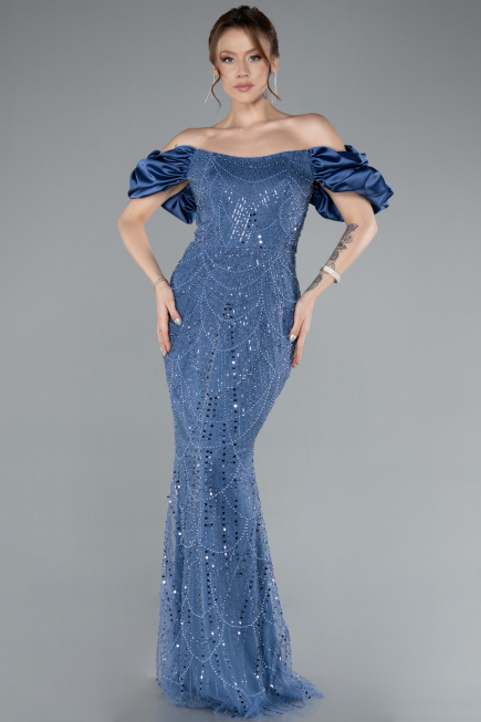 Indigo Stoned Strapless Sleeve Accessories Long Mermaid Evening Gown ABU4509