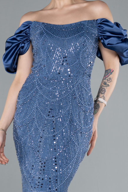 Indigo Stoned Strapless Sleeve Accessories Long Mermaid Evening Gown ABU4509