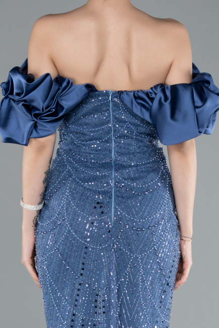 Indigo Stoned Strapless Sleeve Accessories Long Mermaid Evening Gown ABU4509