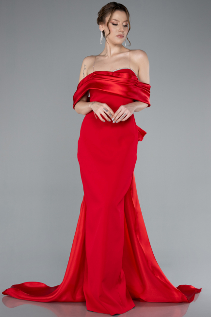 Red Satin Boat Neck Tail Long Mermaid Evening Dress ABU4797