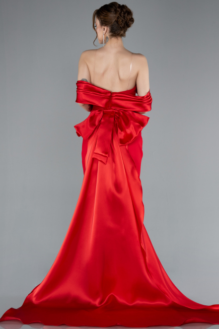 Red Satin Boat Neck Tail Long Mermaid Evening Dress ABU4797