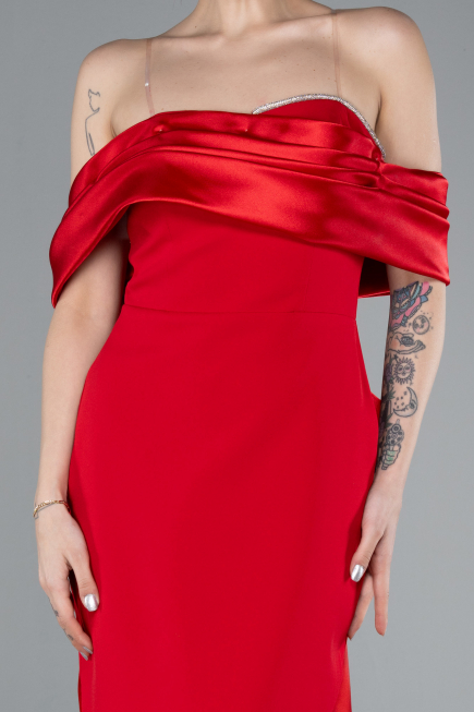 Red Satin Boat Neck Tail Long Mermaid Evening Dress ABU4797