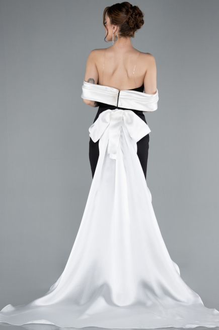 Black-White Satin Boat Neck Tail Long Mermaid Evening Dress ABU4797