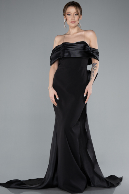 Black Satin Boat Neck Tail Long Mermaid Evening Dress ABU4797