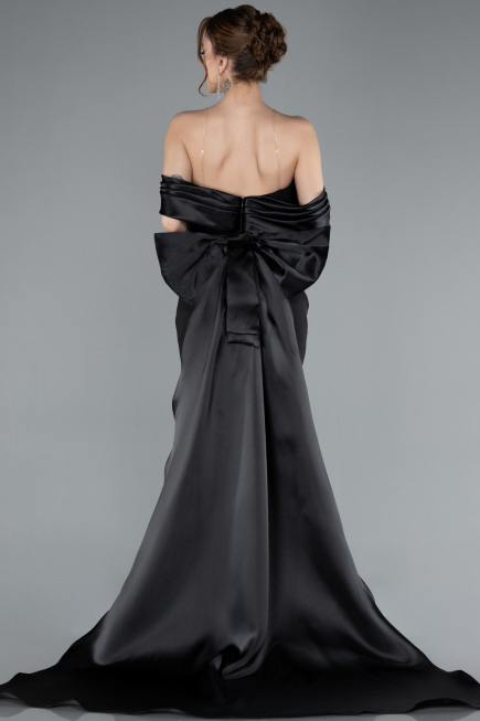 Black Satin Boat Neck Tail Long Mermaid Evening Dress ABU4797