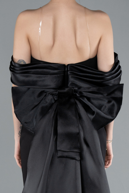 Black Satin Boat Neck Tail Long Mermaid Evening Dress ABU4797