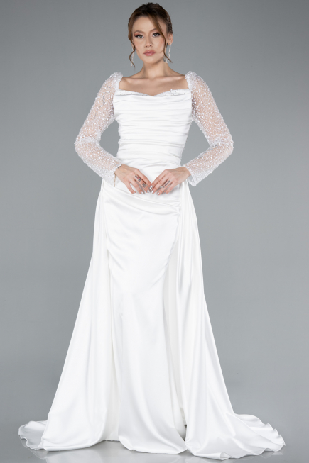 White Sequin Long Sleeves Tail Satin Mermaid Evening Gown ABU4332