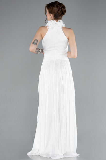 White Halter Neck Long Chiffon Evening Dress ABU4811