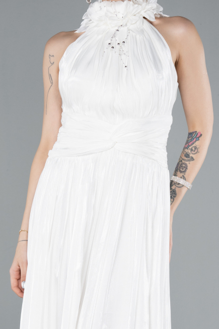 White Halter Neck Long Chiffon Evening Dress ABU4811