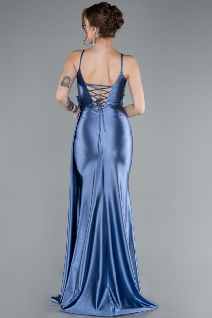 Indigo Back And Leg Cleavage Long Satin Prom Gown ABU4814