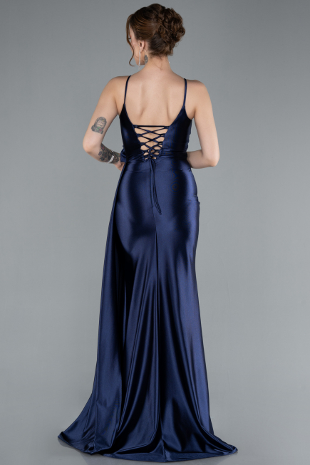 Navy Blue Back And Leg Cleavage Long Satin Prom Gown ABU4814