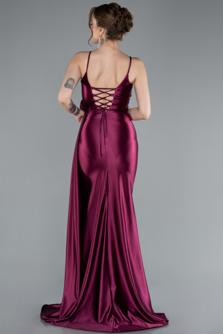 Cherry Colored Back And Leg Cleavage Long Satin Prom Gown ABU4814