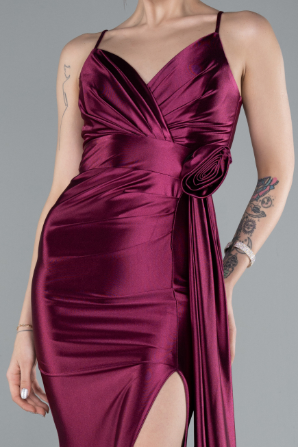 Cherry Colored Back And Leg Cleavage Long Satin Prom Gown ABU4814