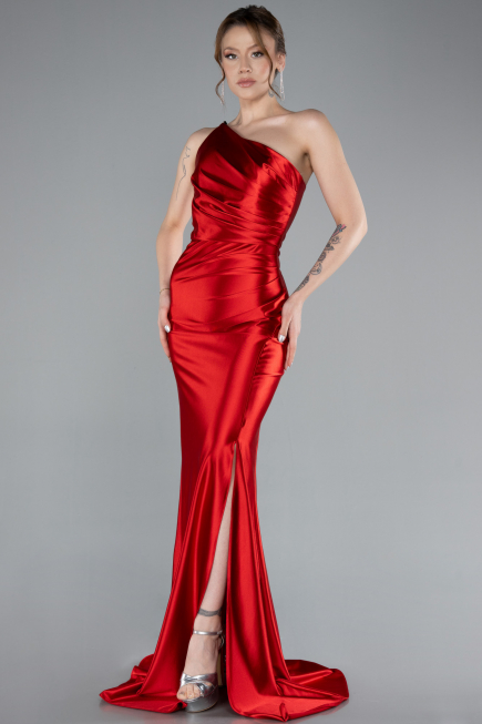 Red One Shoulder Slit Long Satin Mermaid Prom Dress ABU4817