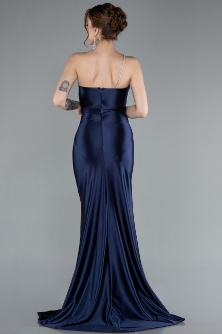 Navy Blue One Shoulder Slit Long Satin Mermaid Prom Dress ABU4817