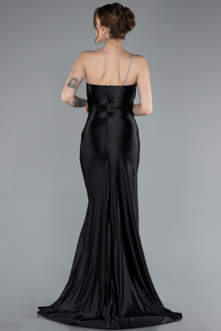 Black One Shoulder Slit Long Satin Mermaid Prom Dress ABU4817