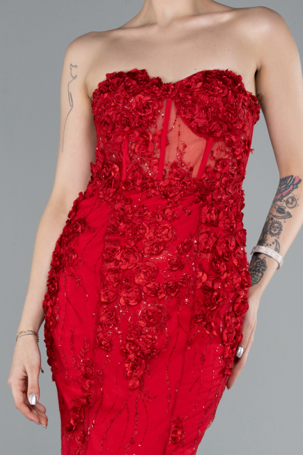 Red Strapless Three Dimensional Floral Long Mermaid Evening Gown ABU4819