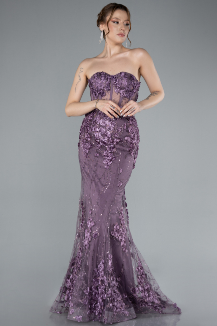 Lavender Strapless Three Dimensional Floral Long Mermaid Evening Gown ABU4819