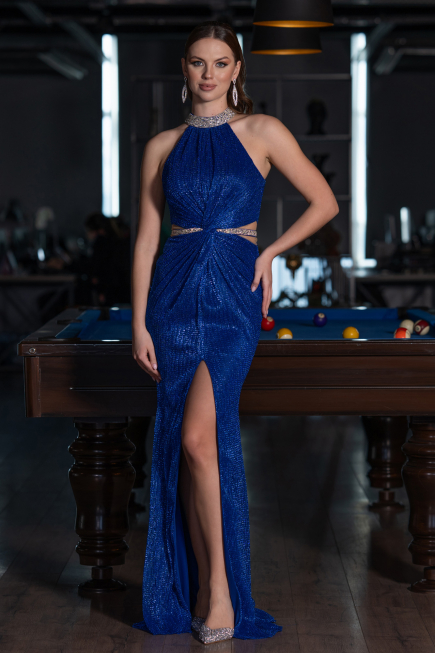 Sax Blue Halter Neck Slit Long Glitter Mermaid Evening Gown ABU4766