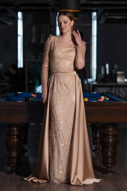 Gold Long Sleeve Stone Embellished Satin Train Evening Dress ABU4603