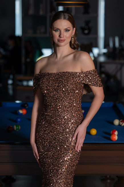 Copper Off The Shoulder Long Sequin Mermaid Prom Dress ABU4778