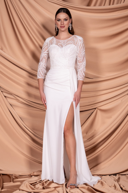 White Embroidered Capri Sleeve Slit Chiffon Evening Gown ABU4293