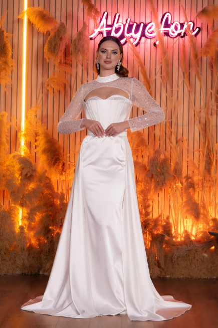White Long Sleeve Bustier Detailed Sequin Train Satin Evening Gown ABU4765