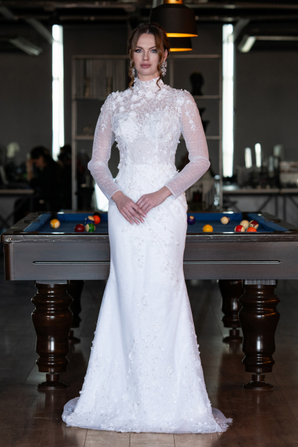 White Long Sleeve Guipure Silvery Tail Wedding Dress ABG115