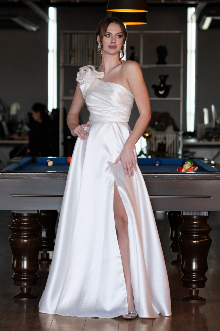 White One Shoulder High Slit Long Taffeta Prom Evening Dress ABU4782