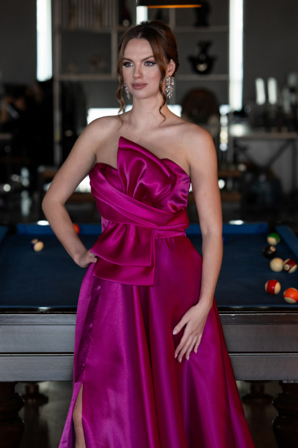 Fuchsia Strapless Slit Long Satin Prom Dress ABU4680