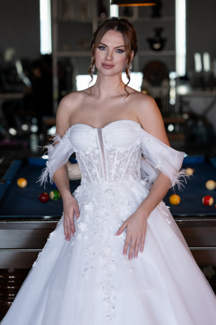 White Boat Neck Floral Embroidered Princess Wedding Dress ABG101