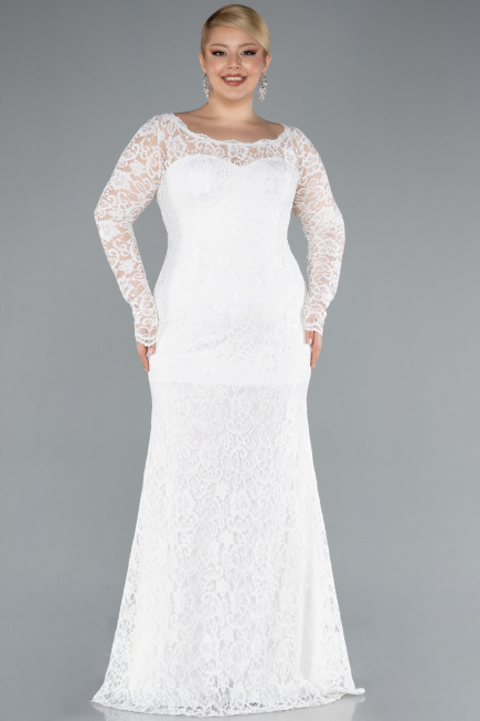 Long White Laced Oversized Evening Dress ABU1574