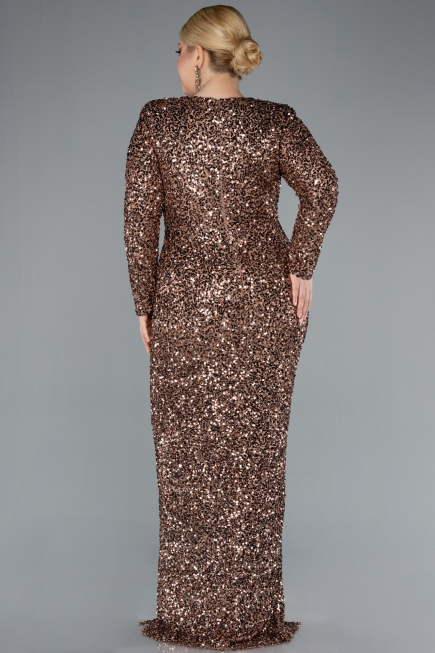 Copper Long Sleeve V Neck Scaly Plus Size Evening Gown ABU4764