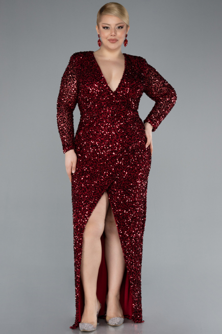 Burgundy Long Sleeve V Neck Scaly Plus Size Evening Gown ABU4764