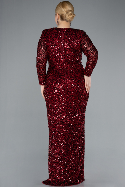 Burgundy Long Sleeve V Neck Scaly Plus Size Evening Gown ABU4764