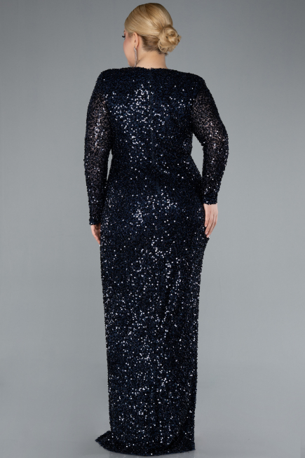 Navy Blue Long Sleeve V Neck Scaly Plus Size Evening Gown ABU4764