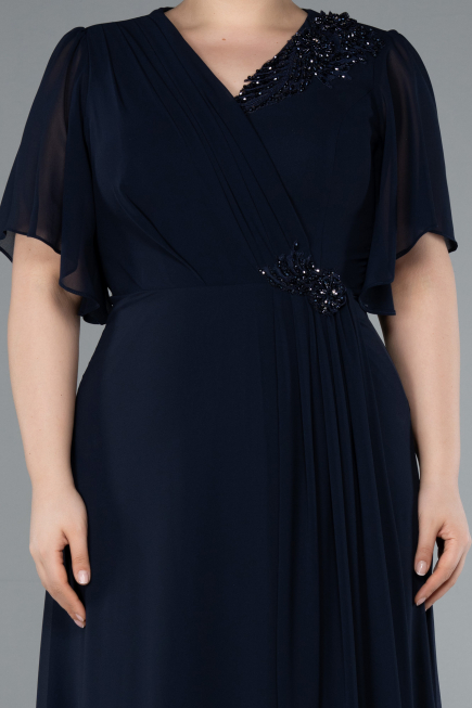 Navy Blue Short Sleeve Chiffon Long Plus Size Evening Dress ABU4794