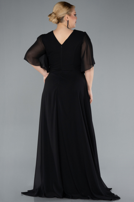 Black Short Sleeve Chiffon Long Plus Size Evening Dress ABU4794