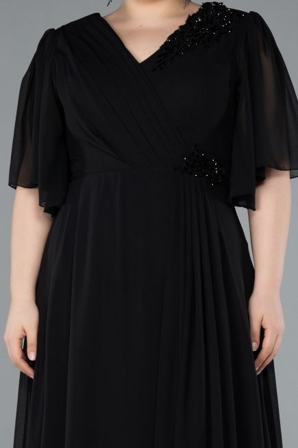 Black Short Sleeve Chiffon Long Plus Size Evening Dress ABU4794