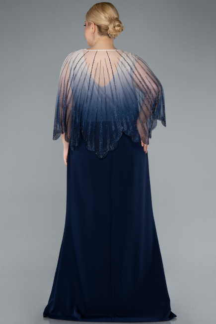 Navy Blue Stone Shawl Detailed Two Piece Long Chiffon Plus Size Evening Gown ABU4820