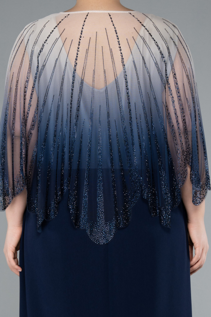 Navy Blue Stone Shawl Detailed Two Piece Long Chiffon Plus Size Evening Gown ABU4820