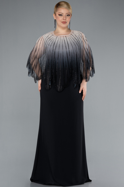 Black Stone Shawl Detailed Two Piece Long Chiffon Plus Size Evening Gown ABU4820