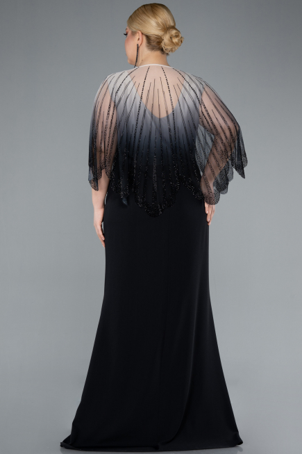 Black Stone Shawl Detailed Two Piece Long Chiffon Plus Size Evening Gown ABU4820