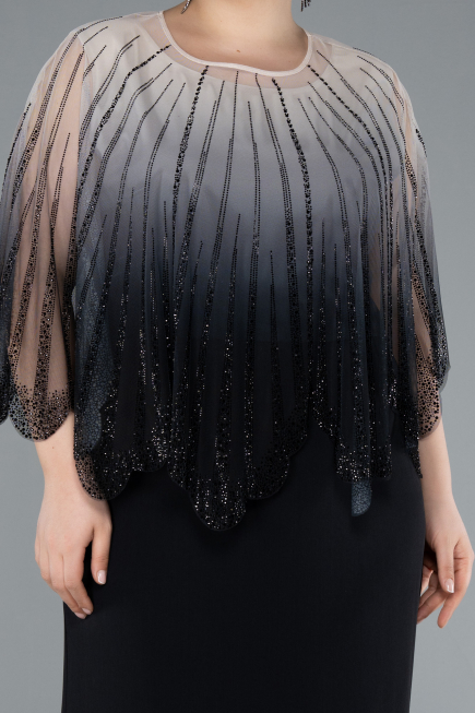 Black Stone Shawl Detailed Two Piece Long Chiffon Plus Size Evening Gown ABU4820